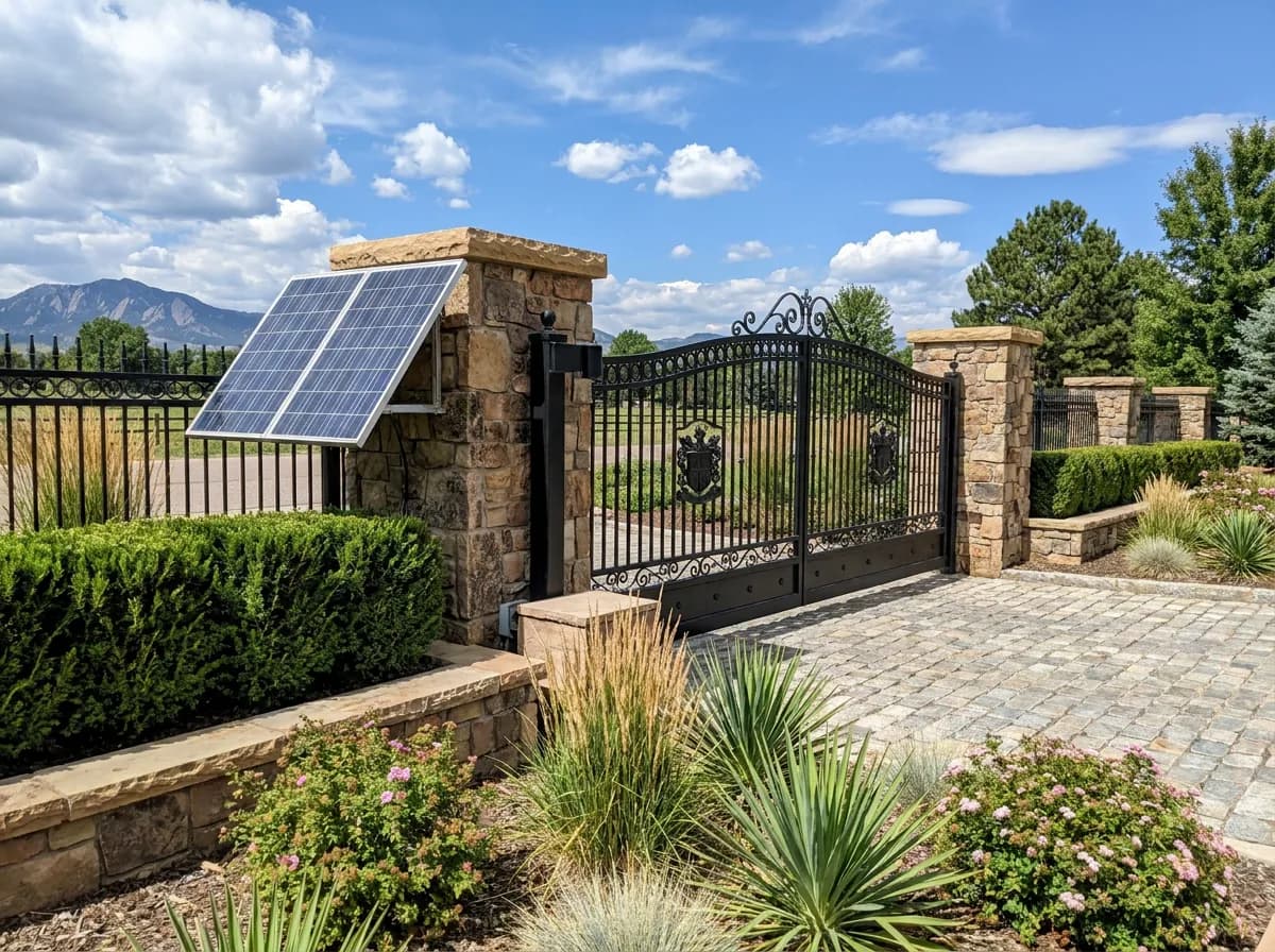 Ornate black metal gate with stone pillars and a solar panel, surrounded by landscaped gardens and a paved driveway under a blue sky.
